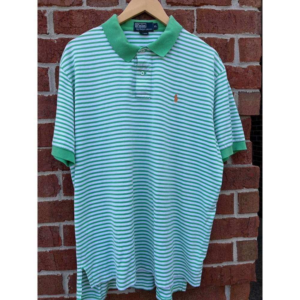 Polo Ralph Lauren Mens XL Green White Striped Short Sleeve Polo Shirt Cotton